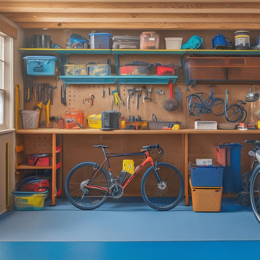 A cluttered garage with tools scattered on the floor, bicycles leaning against the wall, and storage bins stacked haphazardly, transformed into a organized space with labeled bins, a pegboard, and a sleek workbench.