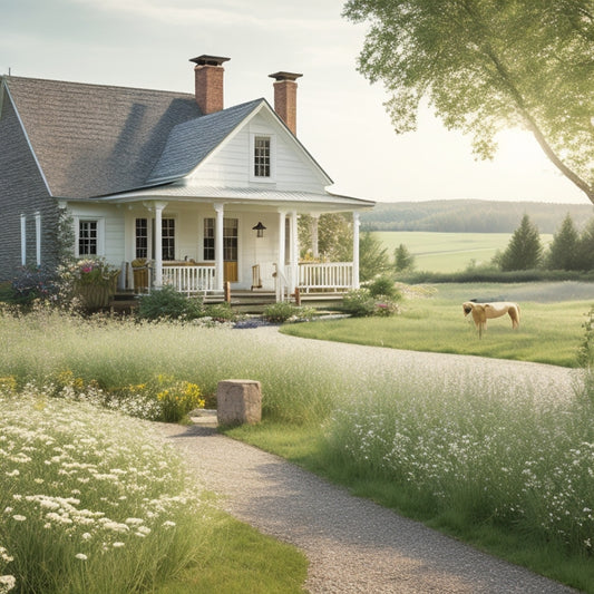 A serene countryside scene: a rustic, white-washed farmhouse with a gambrel roof, surrounded by lush greenery, blooming wildflowers, and a meandering stone path leading to a sunny, open porch.
