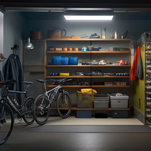 A well-organized garage with sleek, gray metal shelves of varying heights, holding labeled storage bins, a few tools, and a mountain bike, illuminated by a single, overhead LED light.