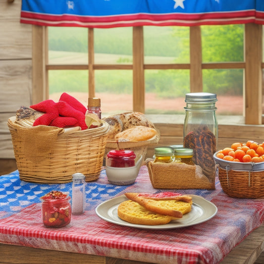 A rustic wooden table with a red-and-white checkered tablecloth, surrounded by baskets of fresh-baked goods, jars of homemade jams, and a few Texas flags subtly integrated into the arrangement.