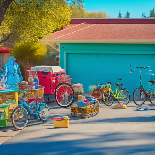 A bustling suburban driveway with a vibrant, eclectic assortment of second-hand treasures, including vintage toys, bicycles, and furniture, arranged on colorful tables and blankets under a bright blue sky.