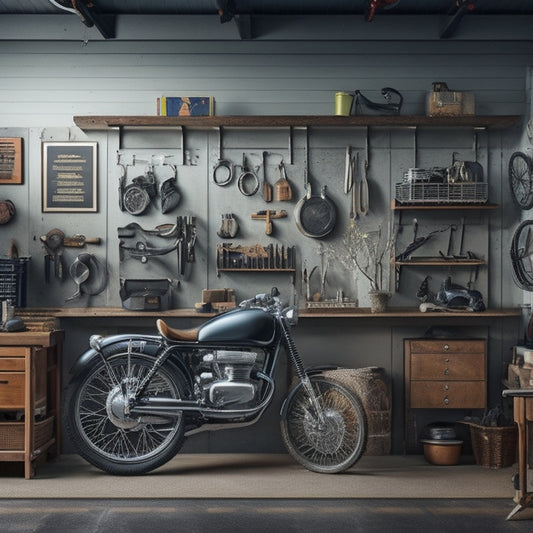 A well-organized garage with a sleek, silver pegboard on the wall, holding various tools and accessories, alongside a sturdy, wooden workbench with built-in cabinets and a vintage motorcycle in the background.