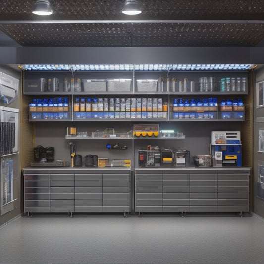 A sleek, well-organized garage with a custom-built storage system featuring rows of shiny metal cabinets, pegboards, and labeled bins, illuminated by bright LED lights and a few strategically placed tools.