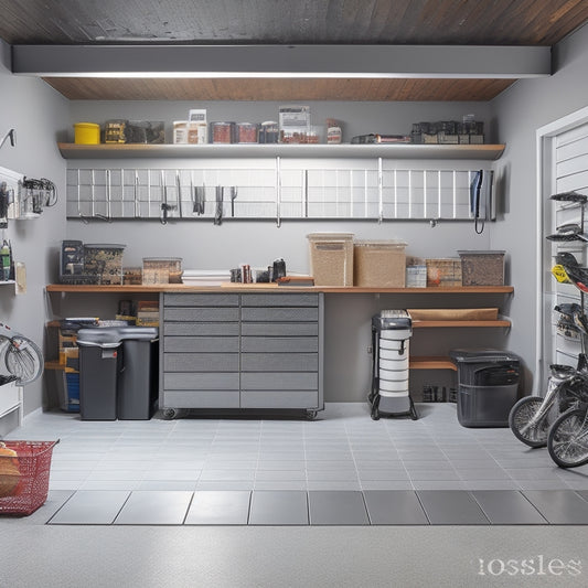 A well-lit, clutter-free garage with a sleek, gray, slatwall organizer, holding various tools and bins, surrounded by a polished, epoxy-coated floor, and a few well-placed, labeled zones.