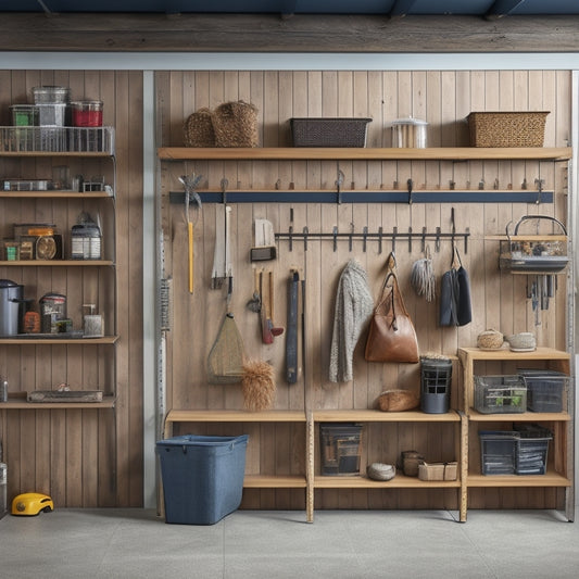 A clutter-free garage with a slatwall featuring various storage bins, a pegboard with hanging tools, and a few DIY shelves made of reclaimed wood, all set against a clean, gray concrete floor.