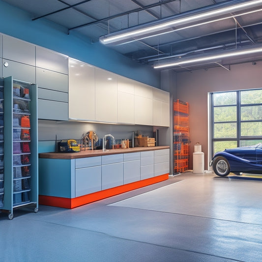 A clutter-free small garage with a sleek, silver sports car parked in the center, surrounded by floor-to-ceiling storage units, hooks, and bins in a modern, industrial-chic aesthetic.