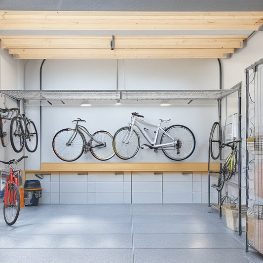 A clutter-free garage with a sleek, silver overhead storage rack installed against a white ceiling, holding four neatly stacked plastic bins and a few bikes, amidst a minimalist background.