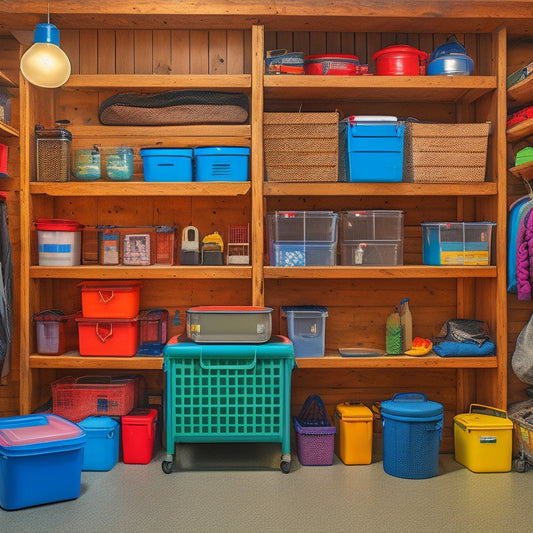 A well-organized garage with a camper parked inside, surrounded by wall-mounted bins, hooks, and a pegboard, with labeled baskets and bins storing camping gear and equipment.