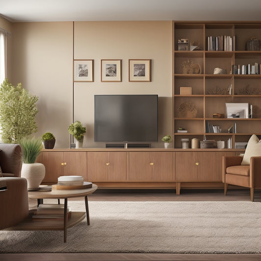 A serene, modern living room with floor-to-ceiling custom cabinetry in a warm, honey-brown wood tone, housing neatly organized books, decorative vases, and a few framed family photos.