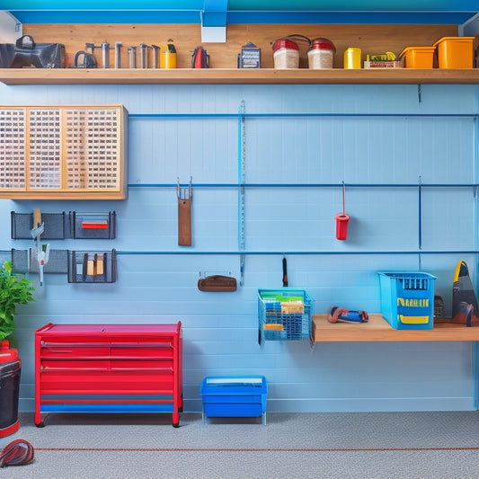 A clutter-free garage with a slatwall featuring hooks, bins, and a magnetic board, accompanied by a pegboard with hanging tools and a sleek, floor-to-ceiling shelving unit.