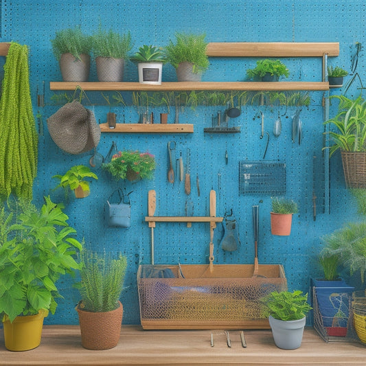 A colorful, well-organized pegboard with various tools and accessories hung from hooks, baskets, and bins, set against a light-wooden background with a few potted plants and a wooden workbench nearby.