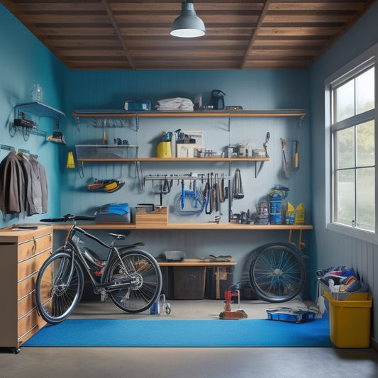 A clutter-free small garage with a slatwall, pegboard, and shelving units, featuring a compact workstation, a toolbox on wheels, and a bicycle suspended from the ceiling.