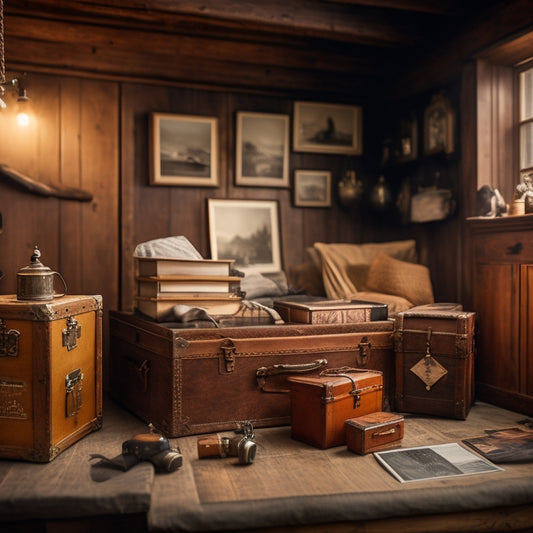 A warm, golden-lit attic space with old trunks, dusty photo albums, and framed black-and-white family portraits, surrounded by scattered heirlooms and forgotten mementos waiting to be rediscovered.