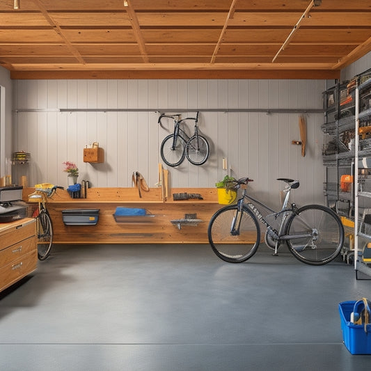 A well-organized garage with a sleek, gray epoxy-coated floor, Pegboard with neatly hung tools, a workstation with a wooden top and metal legs, and a few bicycles suspended from the ceiling.
