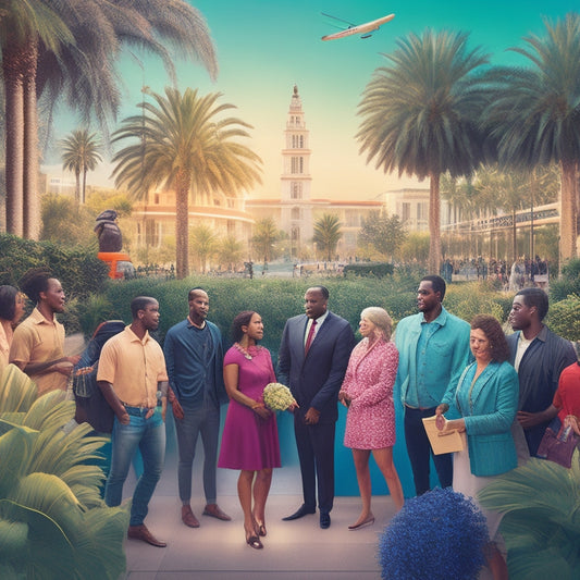 A vibrant illustration of a diverse group of people, aged 20-60, gathered around a large, glowing community hub in the center of Beverly Hills, surrounded by lush greenery and iconic city landmarks.