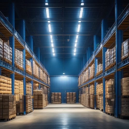 A modern, spacious, and well-lit industrial warehouse with rows of shelves, crates, and machinery, illuminated by sleek, cylindrical eco-friendly LED high bay lights suspended from a high, curved ceiling.