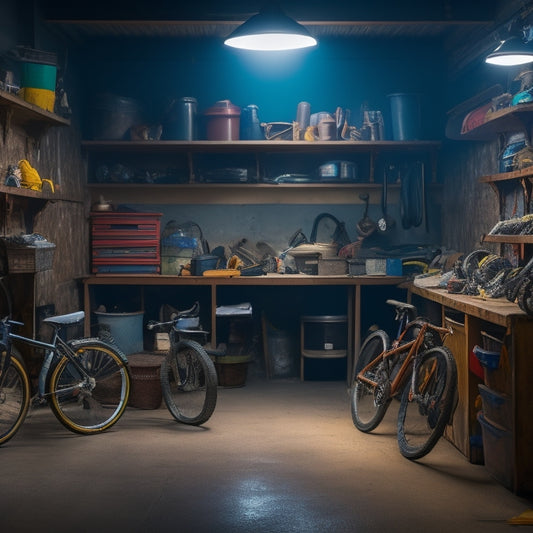 A dimly lit garage with cluttered floors, scattered tools, and bikes leaning against walls, surrounded by dusty shelves and mismatched storage bins, with a faint outline of a custom storage system in the background.