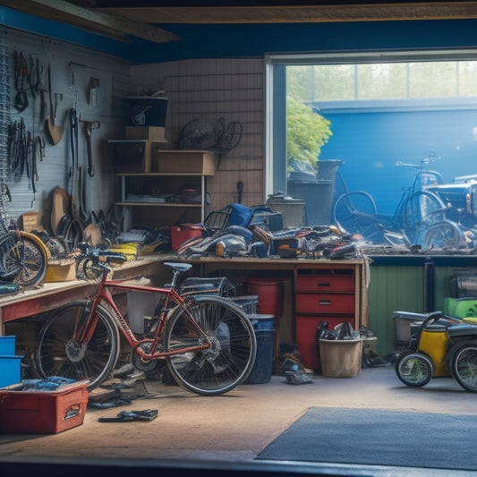 A cluttered garage with a workbench buried under tools, a bike tangled in cobwebs, and a stack of boxes blocking the garage door, with a faint outline of a car in the background.