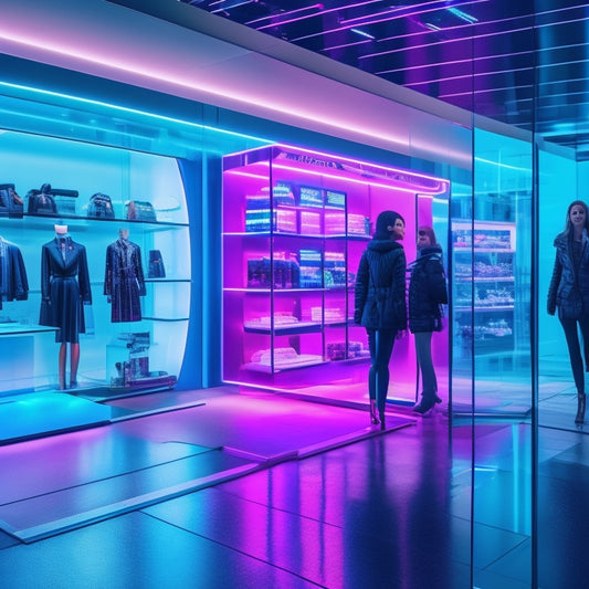 A futuristic retail store interior with sleek shelves, neon lights, and a giant holographic display showcasing trendy outfits, surrounded by shoppers interacting with augmented reality mirrors and digital signage.