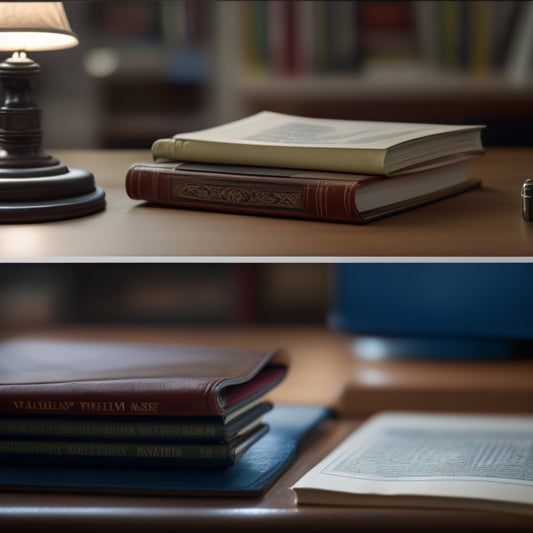 A split-screen image: a worn, empty wallet on a desk surrounded by scattered papers and pens, contrasted with a crowded public library with shelves upon shelves of books.
