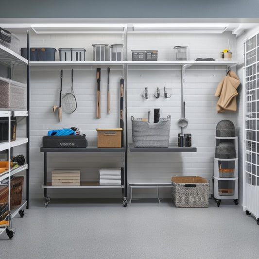 A well-organized garage interior with sleek, silver shelving units, baskets, and bins, holding various tools, sports equipment, and storage containers, against a clean, gray concrete floor and white walls.