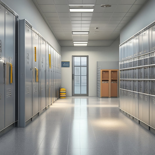A realistic illustration of a modern school hallway with a row of sleek, grey SISESOL metal lockers, some with open doors revealing organized interiors and others with athletic equipment and backpacks spilling out.