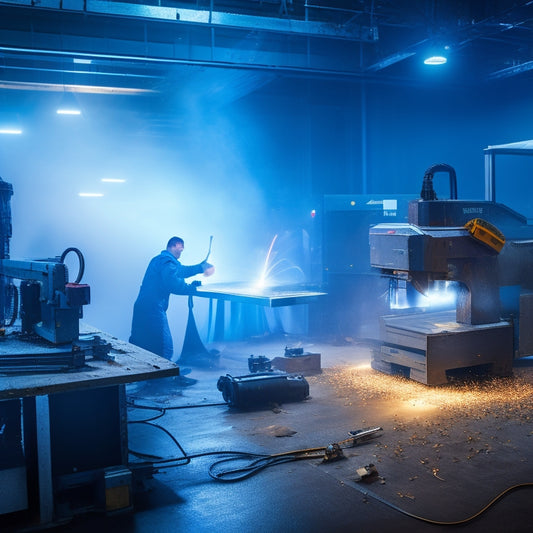 A futuristic workshop scene with a CrossFire CNC plasma cutter at center, surrounded by sparks, metal shavings, and half-cut metal sheets, amidst a backdrop of sleek, high-tech machinery and tools.