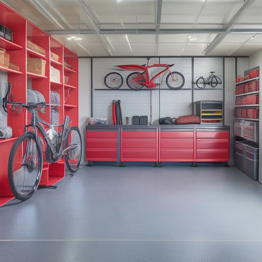 A clutter-free garage with a sleek, gray epoxy floor, organized tool stations, and neatly labeled storage bins, surrounded by a few well-maintained bicycles and a shiny, red sports car.