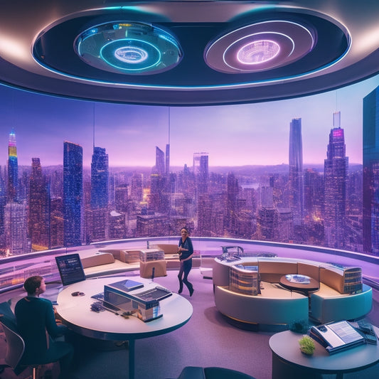 A futuristic, circular classroom with holographic projections, augmented reality headsets, and robots collaborating with diverse students, surrounded by a cityscape with neon lights and sleek skyscrapers.