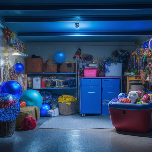 A cluttered garage with seasonal decorations scattered around, including deflated inflatables, tangled lights, and broken ornaments, with a few storage bins and shelves in the background.