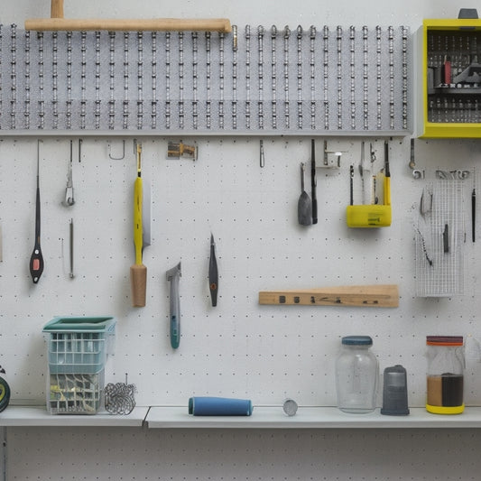 A pegboard with various tools and accessories, such as hammers, screwdrivers, and bins, mounted on a white wall with a subtle grid pattern, surrounded by a clean and organized workshop.