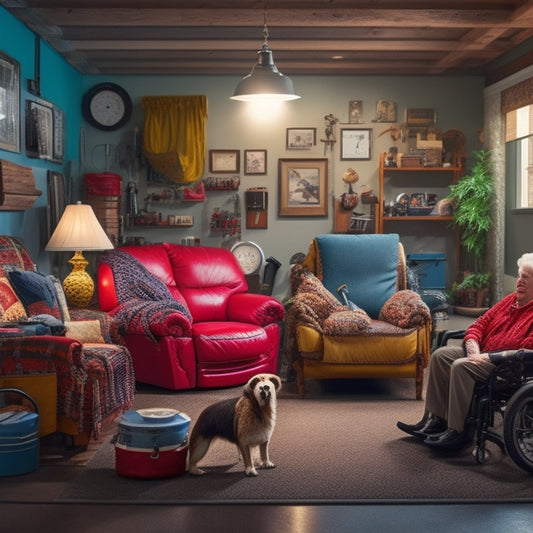 An image of a transformed garage with a comfortable living area, warm lighting, and a senior citizen sitting on a plush couch, surrounded by personal items and a few mobility aids.