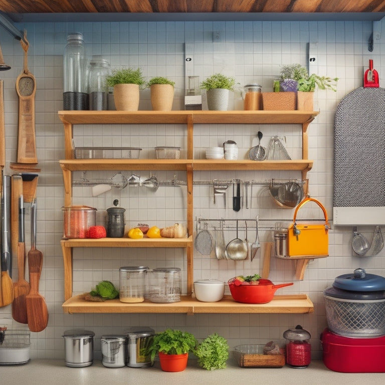 A well-organized garage with a pegboard on the wall, holding a utensil organizer filled with kitchen gadgets like whisks, spatulas, and tongs, alongside a shelf with labeled bins and a hanging basket with a tea infuser.