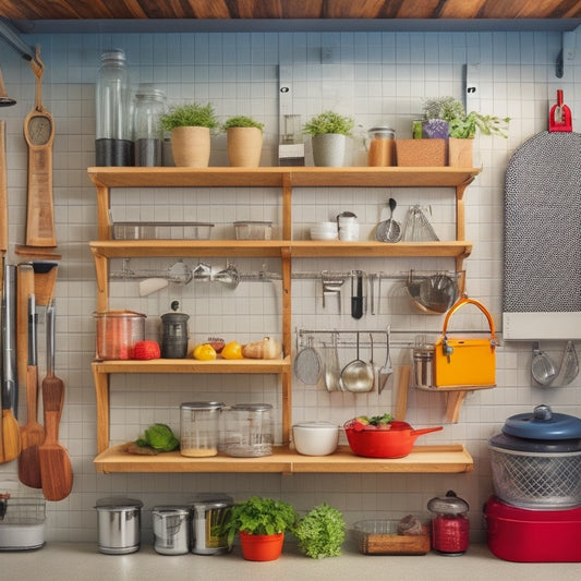 A well-organized garage with a pegboard on the wall, holding a utensil organizer filled with kitchen gadgets like whisks, spatulas, and tongs, alongside a shelf with labeled bins and a hanging basket with a tea infuser.