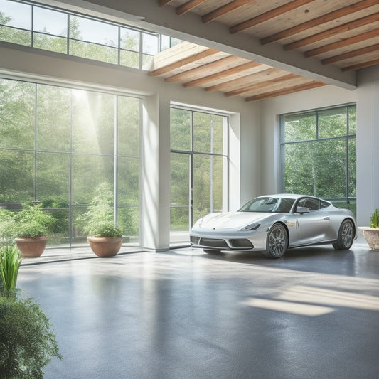 A serene garage interior with a sleek, silver sports car, polished concrete floors, and cream-colored cabinets, surrounded by lush greenery and natural light pouring in through large windows.