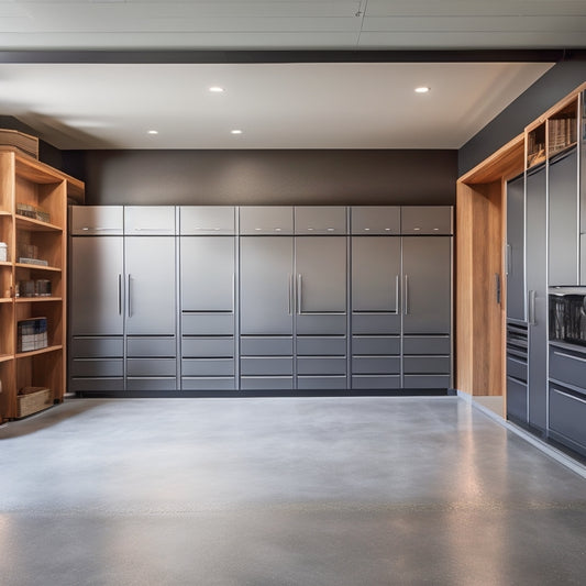 A sleek, modern garage interior with polished concrete floors, floor-to-ceiling slotted wall panels, and a custom storage system featuring wooden cabinets and stainless steel shelving units.