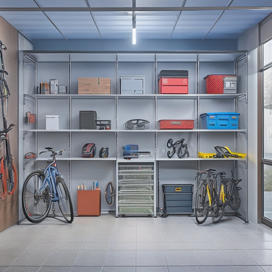 An organized garage with a sleek, silver pegboard, adjustable shelving units, and a built-in workbench, surrounded by neatly stored bicycles, tools, and boxes, with a bright, modern lighting system.