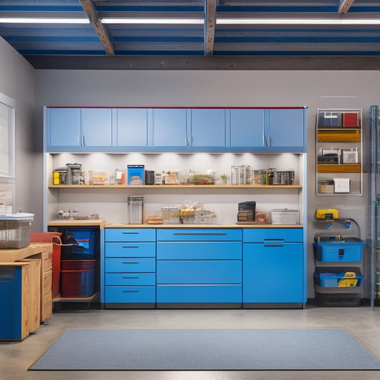 A clutter-free garage with sleek, silver cabinets, a pegboard with neatly hung tools, and a labeled storage bin system, illuminated by natural light pouring in through a large window.