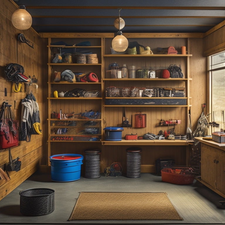 A clutter-free garage with fishing rods suspended from the ceiling, hooks on a pegboard holding tackle boxes and lures, and a labeled storage bin filled with coiled fishing lines and nets.