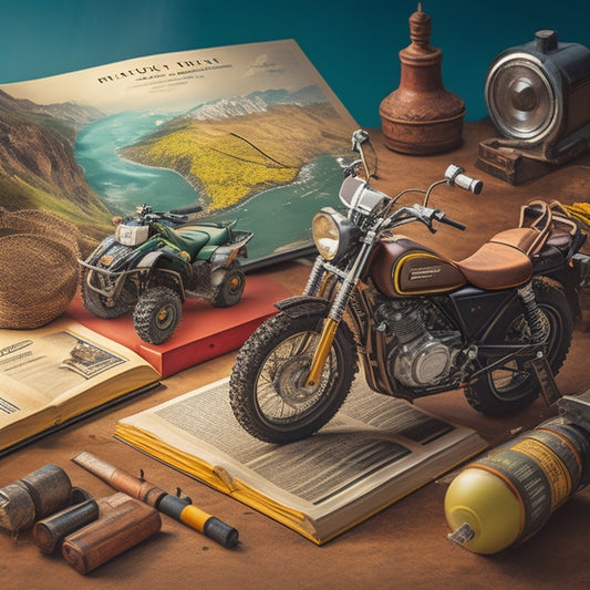 A vintage-style illustration of a Suzuki LT80 ATV in the center, surrounded by scattered manual pages, gears, and tools, with a subtle globe in the background, hinting at exploration and discovery.