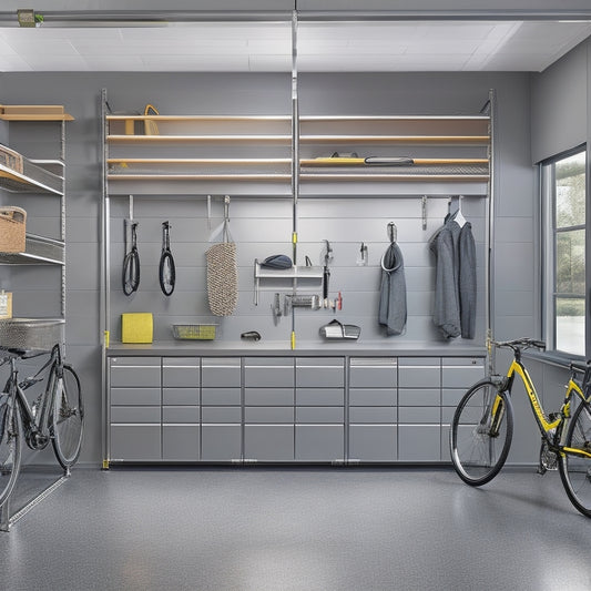 A well-organized garage with sleek, gray cabinets, slatwall panels, and a stainless steel workbench, surrounded by a few bicycles, tools, and storage bins, with a epoxy-coated floor.