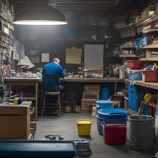 A cluttered garage with tools and storage bins scattered around, a workbench in the center with a few items organized, and a person in the background with a thoughtful expression, surrounded by Post-It notes and a whiteboard.