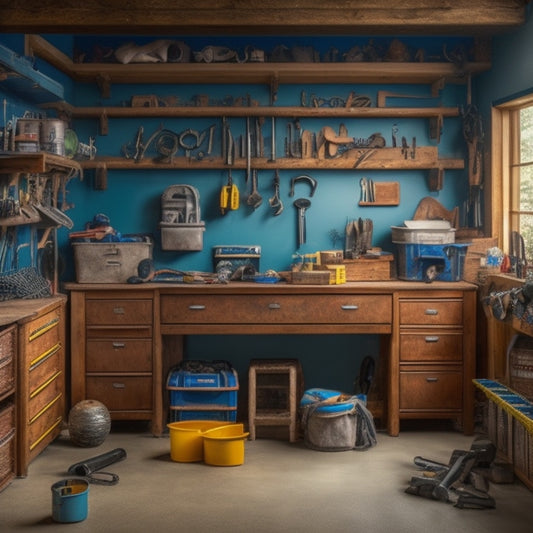 A cluttered garage with tools and boxes scattered around, transitioning into a tidy space with organized shelving, labeled bins, and a workbench with a vice, surrounded by a subtle background of wrenches and gears.