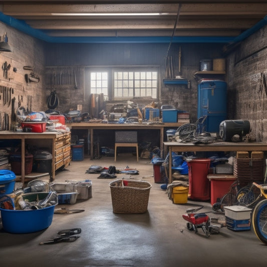 A cluttered garage with tools and equipment scattered around, with a smartphone in the center, surrounded by faint outlines of organized garage spaces, toolboxes, and storage bins.