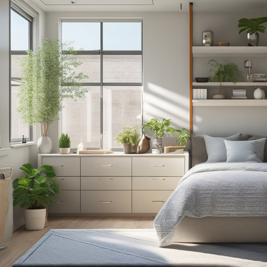 A modern, sleek loft bed with built-in shelving, cabinets, and drawers underneath, surrounded by a calm, minimalist bedroom with soft natural light and a few potted plants.