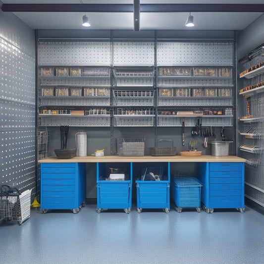A tidy, well-lit garage with a sleek epoxy-coated floor, featuring a pegboard with neatly hung tools, a slatwall with bins and baskets, and a customized storage system with labeled cabinets.