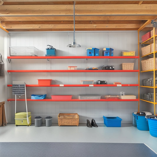 A clutter-free garage with a sleek, gray epoxy-coated floor, organized pegboard with hanging tools, and a row of matching, labeled storage bins on a wooden shelving unit.
