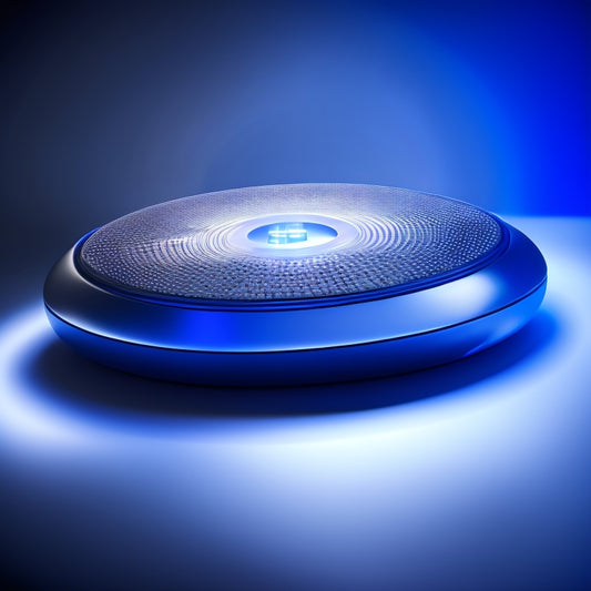 A futuristic, sleek, silver remote control with a prominent, glowing blue button in the center, surrounded by a halo of light, set against a dark, gradient background with subtle, swirling shapes.