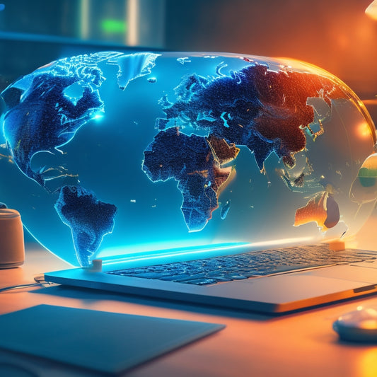 A futuristic, minimalist illustration of a globe with glowing connections between scattered laptops, coffee shops, and co-working spaces, surrounded by subtle, abstract shapes representing diversity and flexibility.