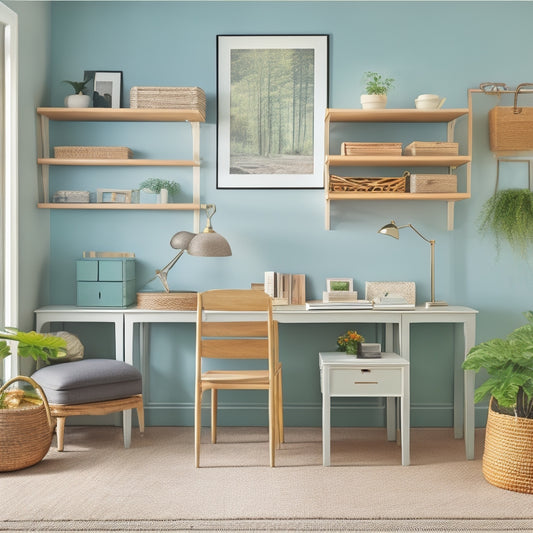A serene, well-organized home interior with a calm color palette, featuring a custom-built shelving unit with labeled baskets, a minimalist desk with a small storage ottoman, and a sleek, wall-mounted folding table.